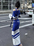 KYLETHOMASW  -  Korean Knitted Sweater Suits Women Long Sleeve Thin Bodycon Striped Pullover + Midi Skirts Casual Vintage 2 Piece Sets Outfits