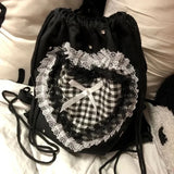 KYLETHOMASW  -  Lace Plaid Love Heart Mochilas Mujer Sweet Cute Bow Mochila Drawstring Bag Portable Lightweighte Backpack Y2k Bags for Woman