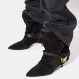 KYLETHOMASW  -  Metal Embellished Nubuck Ankle Boots Women Elegant Kitten-heel Modern Boots Warm Sexy Pointed Toe Western Cowboy Boots Brown