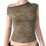 KYLETHOMASW  -  American street one shoulder wing printed short sleeved crop top T-shirt, spicy girl slim fit versatile casual top