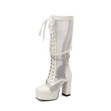 KYLETHOMASW  -  Breathable Mesh Stitched Glossy Patent Leather Motorcycle Boots Square Toe Platform Cross Lace Chain Pearl String Women's Boots