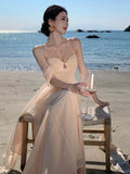 KYLETHOMASW  -  French Summer Beige Sexy Club Spaghetti Strap Long Dress Women V Neck Backless Wrap Hip Pleated Fishtail Evening Dress 2025 Chic