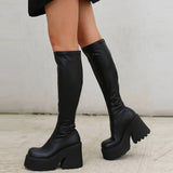 KYLETHOMASW  -  Platform Chunky High Heeled Women Knee High Boots Fashion Cool Round Toe Cute Sweet Heeled Boots Gothic Uniform Dress Shoes