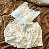 KYLETHOMASW  -  Pajama Set Solid Lace Trim Top Cute Rabbit Print Shorts Ladies Home Clothes Sleepwear Loungewear Summer New Sweet Cute Nightwear