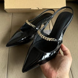 KYLETHOMASW  -  Elegant Black Patent Leather Heels Women Luxury Metal Chain Slingback Designer Shoes Comfort Pointed Toe Kitten Heel Office Shoe