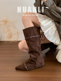 KYLETHOMASW  -  Knee High Women Boots Designer Pointed Toe Flats Shoes Winter 2025 New Suede Casual Shoes Chelsea Boots Walking Mujer Botas