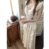 KYLETHOMASW  -  Summer New Vintage Design Off-Shoulder Dresses Elegant Lace Splice Fitted Hollow Out Strap Dress Evening Gown Women Outfits