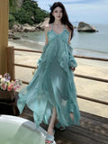 KYLETHOMASW  - Sky Blue Backless Halter Lace-up Long Dresses Women Spring Summer Off Shoulder Sexy Club 2024 Ruffles Vacation Pleated Sundress