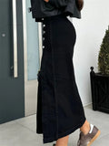 KYLETHOMASW  -  Women's Denim Skirt Solid Color High Waist Oblique Button Up Split Long Skirt for Travel Party