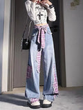 KYLETHOMASW  -  Retro black bow strap checkered patchwork jeans for women's autumn and winter design, niche loose wide leg pants
