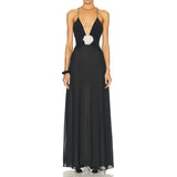 KYLETHOMASW  -  3D Flower Decro V Neck Low Cut Dress Elegant Sexy Backless Spaghetti Strap Long Dress Chic Women Club Party Holiday Vestidos