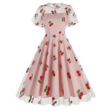 KYLETHOMASW  -  New Retro Pink Strawberry Mesh Elegant Birthday Long Dress 50s Women Flare Sleeve Summer Luxury Prom Evening Party Dresses
