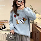 KYLETHOMASW  -  Korean Blue Puppy Towel Embroidered Raccoon Velvet Sweater for Women in Autumn and Winter Loose Outerwear Knitted Top