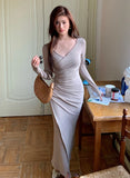 KYLETHOMASW  -  Autumn Winter French Casual Long Sleeve Women Solid Split Package Hip Dress Elegant chic Slim V-neck Ladies Skinny Bodycon Dress