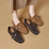 KYLETHOMASW  -  Genuine Leather Flats Women Luxury Metal Buckle-Decorated Women's Suede Loafers Light Comfortable Cow Suede Shoes for Women