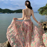 KYLETHOMASW  -  Sweet Hot Girl Pink Floral Dress Women's Spring/summer Holiday Backless Halter A-line Long Dress Fashion Female Clothes