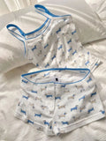 KYLETHOMASW  -  Kawaii Blue Dachshund Print Pajama Set Sleeveless Cami & High Waist Shorts - Cozy Casual Loungewear Vest Shorts 2 Pieces Set