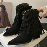 KYLETHOMASW  -  Sexy Pointed Toe Suede Women's Ankle Boots Rivet Tassel Design Chunky Heel Short Boots Retro Square Root Winter Shoe for Ladies
