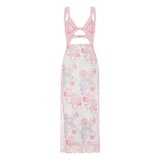 KYLETHOMASW  -  Women Long Bodycon Dress Floral Print Lace Patchwork Cutout V-Neck Sleeveless Dress Summer Slit Backless Party Dress