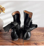 KYLETHOMASW  -  Autumn Winter Soft Leather Lace-up Women Ankle Boots Comfortable Flats Short Booties Fashion Bowknot Chelsea Boots Shoes Botas