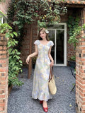 KYLETHOMASW  -  Chiffon Floral Ruffles Dress Women Elegant Flying Sleeve Dress Sweet Slim A Line V Neck Summer Lace Up Lady Vintage Vestidos