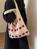 Kylethomasw Heart Pattern Color Blocking Crochet Handbag Shoulder Bag Large Capacity Fashion Versatile Knitted Hobo Bag Cute Tote Bag Women