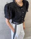 KYLETHOMASW  -  Retro Style Three-dimensional Lace Short Shirt Women Summer New Design Niche Bubble Sleeve Elegant Top