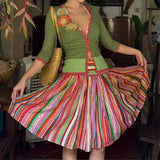 KYLETHOMASW  -  Vintage Colored Striped Skirt For Women Summer Casual Vacation A-Line Skirt Boho Sweet High Waisted Knee Length Skirts 284A
