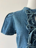 KYLETHOMASW  -  Denim Dress for Women Stand Collar Bow Bubble Short Sleeve Dresses Blue A-line Korean Fashion Retro Mini Skirts Female Clothes