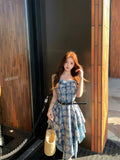 KYLETHOMASW  -  Korean Blue Plaid Camisole Dress Women's Summer Original Design Slim Paneled Irregular Dress Casual High-street Fashion Clothes