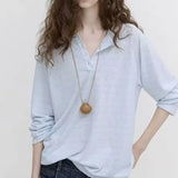 KYLETHOMASW  -  Nordic Lazy Women Cool Thin Stripe Ice Cotton Henley Neck Loose Long Sleeve Casual Blouse
