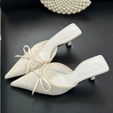 KYLETHOMASW  -  New Butterfly-knot Women Slipper Summer Pointed Toe  Slip on Ladies Mules Thin Low Heel Satin Slide Sandals Zapatos Mujer