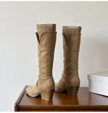 KYLETHOMASW  -  Autumn Winter Fashion Pleated Design Women Knee-High Boots Vintage Faux Suede Lace High heels Western Cowboy Long Booties Shoes