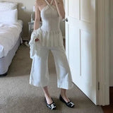 KYLETHOMASW  -  Daily Pockets Flare Calf Length Casual Pants Women Summer Vintage Luxury Low Waist Office Work Cropped Trousers Street Wear 954A