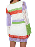 KYLETHOMASW  -  Women Knit Dress Long Sleeve V Neck Hollow Out Mini Dress Summer Fall Bohemian Beach Dresses Y2K See through Cover-ups
