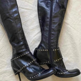 KYLETHOMASW  -  Designer Rivet Strap Tall Boots for Women Punk Gothic Knee Women's Boots Vintage Stiletto Leather High  Long Boots Botas Mujer