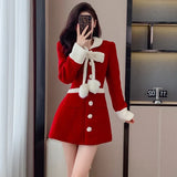 KYLETHOMASW  -  Winter Women Clothing Small Fragrant Style Elegant Red New Year's Robe  Bow Long Sleeve Slimming A-line Short Dress for Women