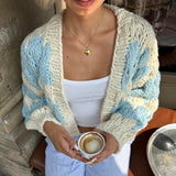 KYLETHOMASW  -  Stripe Pattern Cropped Cardigans Vintage Lantern Sleeves Knitted Sweater Aesthetic Y2k Knitwear Coat Women Autumn Outwear Street