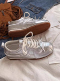 KYLETHOMASW  -  Women Sneakers Spring Summer New Leather Sweet Fashion Casual Flats Women Lace-up German Training Shoes Women Silver 321