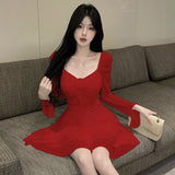 KYLETHOMASW  -  Woman Dress Sweet Sexy Flowers Long Sleeve Elegant Slim Mesh Patchwork Ruched Ruffles Party Mini Dresses Ladies