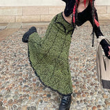 KYLETHOMASW  -  Y2K Vintage Fashion Elegant Green Trumpet Long Skirt Graphic Printed Lace Trim High Waist Skirt Women Aesthetic