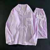 KYLETHOMASW  -  Sweet Women Autumn 2Pcs Sleepwear Built‑in Chest Pad Embroidery Lace Trim Soft Long Sleeve Long Pants Ladies Home Loungewear