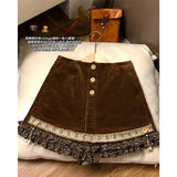 KYLETHOMASW  -  Vintage Corduroy Mini Skirt Women Harajuku Floral Patchwork Shorts Skirts Winter Japanese Kawaii Design A Line Faldas New