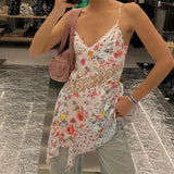 KYLETHOMASW  -  Floral Asymmetrical Sleeveless Dress for Holiday Party French Style Hollow Lace Patchwork A-line Sundress Coquette Robe