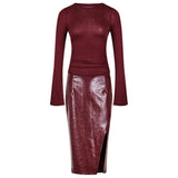 KYLETHOMASW  -  Temperament Slim Elegant Sexy Dress Women 2024 New High Waist Slit Cover Hip Leather Skirt Luxurious Party Evening Long Dresses