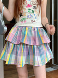 KYLETHOMASW  -  Rainbow Plaid Mini Skirts Preppy Style Women Slim Chic Sweet Party Summer 2024 High Street Daily Casual Gentle