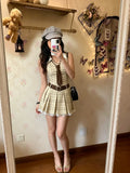 KYLETHOMASW  -  Sweet Vintage Lolita Plaid Mini Dress Women Bowknot Heart Button Lace Trim High Waist Pleated Skirt Kawaii Japanese Daily Outfit