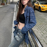 Kylethomasw Polo Collar Contrast Color Plaid Loose Casual Long-sleeved Shirt Women 2024 Summer New High Street Fashion Frayed All Match Tops