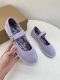 KYLETHOMASW  -  Floral Print Insole Velvet Flats Shoes Women Hand Stitching Elegant Mary Jeans Shoes Ladies Round Toe Ballets Flats Footwear