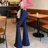 KYLETHOMASW  -  Y2K Pink Heart Print High Waist Flare Pants | Kawaii All-Over Love Bell Bottom Trousers | Barbiecore Aesthetic Summer Streetwear